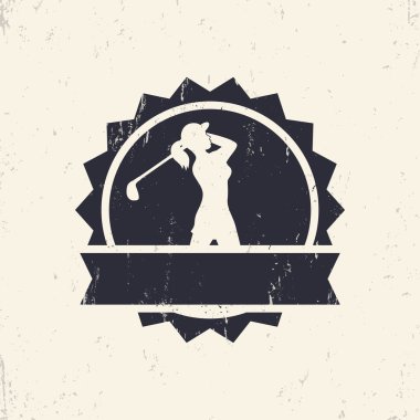 Golf sign, badge with female golf player, golfer swinging golf club, vector illustration