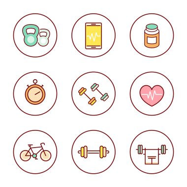 line fitness, gym colored icons pack, vector illustration