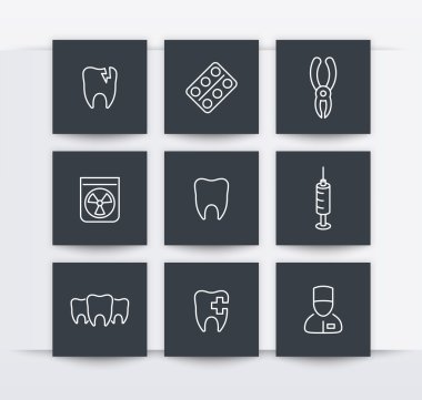 Teeth, dental pliers, tooth care, stomatology, line white icons, vector illustration