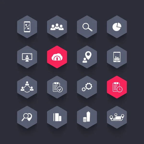 16 business hexagon icons pack, vector illustration — Stok Vektör