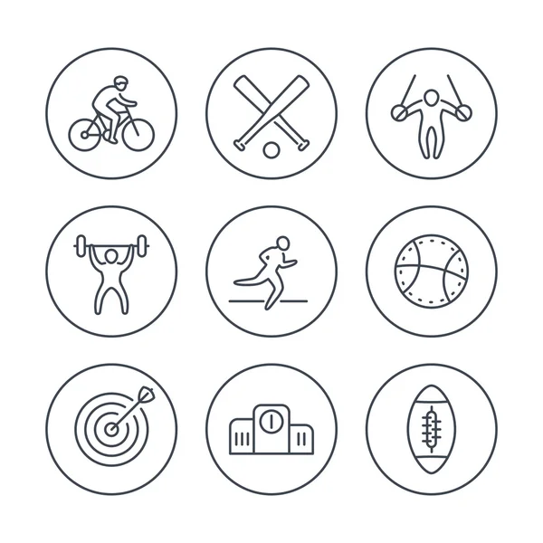 Verschiedene Sportarten, Liniensymbole im Kreis, Vektorillustration — Stockvektor