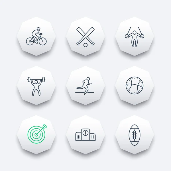 Diferentes tipos de deportes, iconos de octágono de línea, ilustración vectorial — Vector de stock