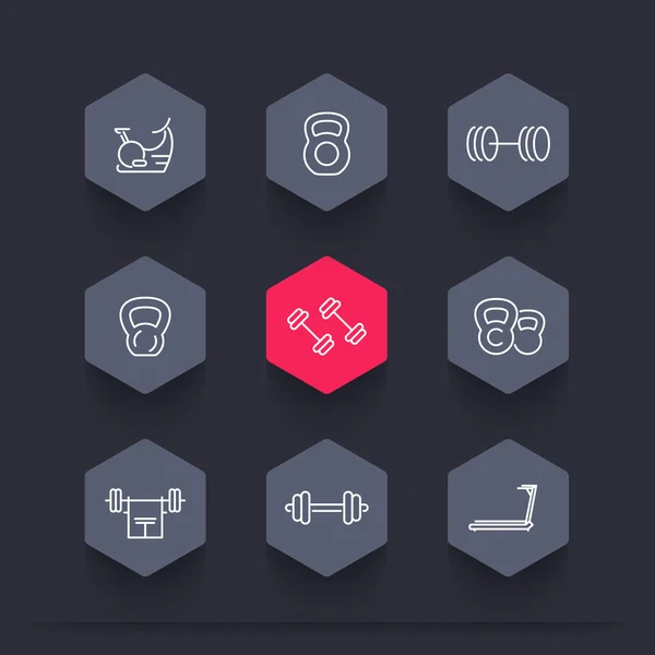 Gym equipment, line hexagon icons, vector illustration — Stock Vector