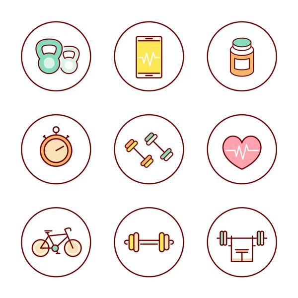 Line fitness, gym colored icons pack, vector illustration — Stock Vector