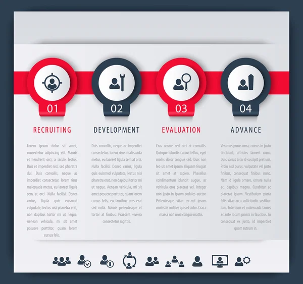 Staff, hr, Mitarbeiter-Entwicklungsschritte, Infografik-Elemente, Symbole, Zeitachse, Vektorillustration, eps10, einfach zu bearbeiten — Stockvektor