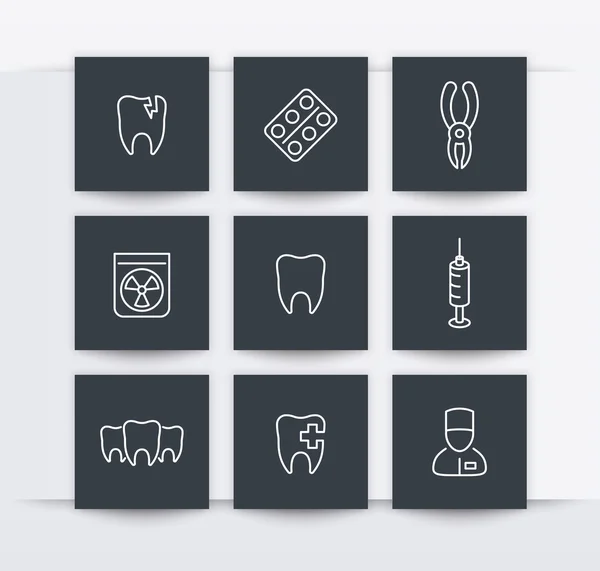 Teeth, dental pliers, tooth care, stomatology, line white icons, vector illustration — Wektor stockowy