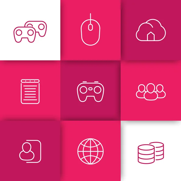 Videogames, cooperative, multiplayer, home video game console, line icons on squares, vector illustration — Stockový vektor