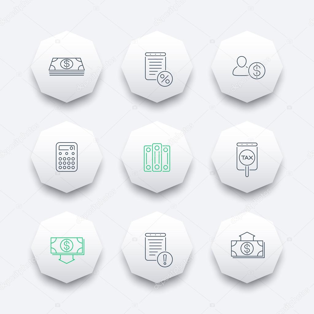 Bookkeeping, finance, line octagon icons, vector illustration