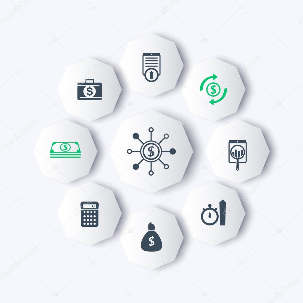 finance, investments, capital, stock octagon icons, vector illustration