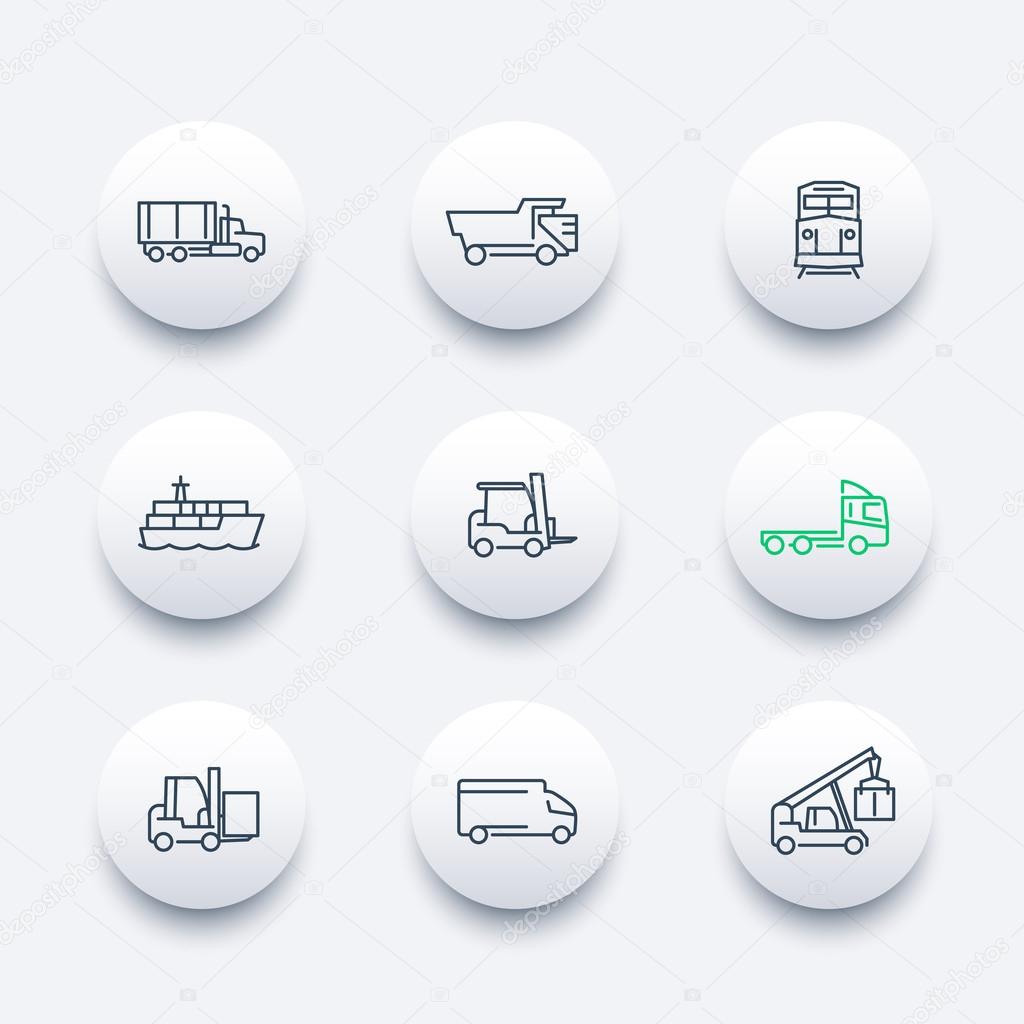 Transportation, line round modern icons, Cargo truck, Freight train, Forklift, vector illustration