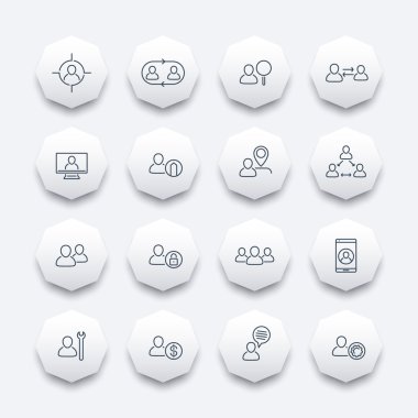 Personnel, Human resources, HR, team, employee, line octagon icons set, vector illustration