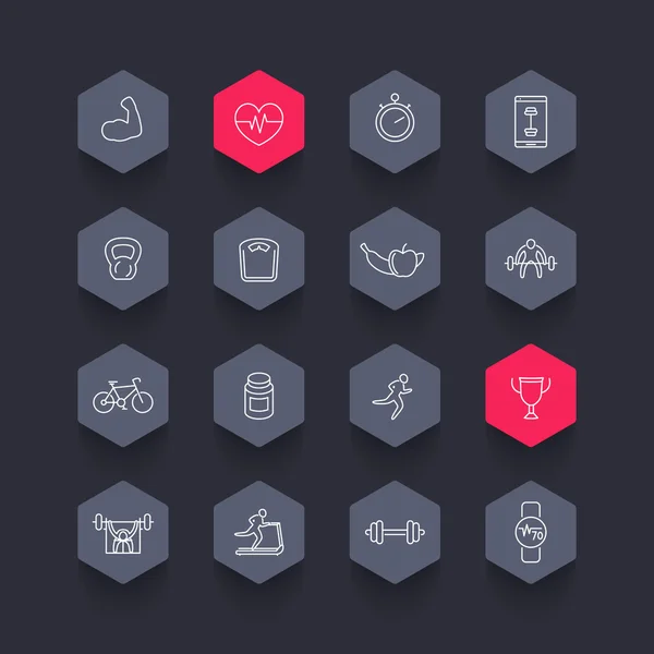 16 fitness, gym, training line hexagon icons, vector illustration — Stock Vector