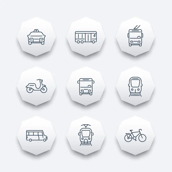 City transport, tram, train, bus, bike, taxi, trolleybus, line octagon icons, vector illustration — ストックベクタ