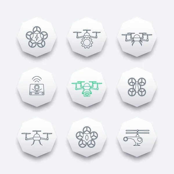 Drones, quadrocopter, drone with camera, uav line octagon icons, vector illustration — 스톡 벡터