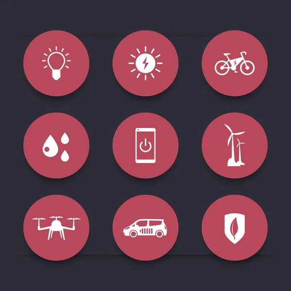 Green ecological modern technologies, round red icons, vector illustration — Stok Vektör