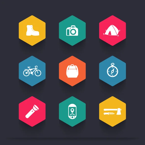 Hiking, Camping hexagon icons, vector illustration — ストックベクタ