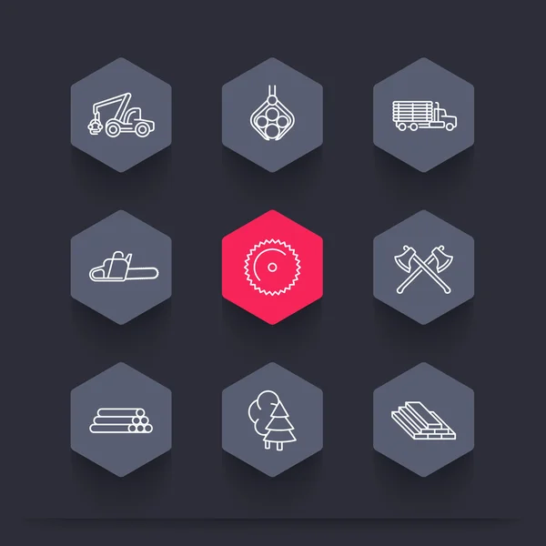 Logging, Forestry, Timber, Tree Harvester, Sawmill, logging truck, line hexagon icons, vector illustration — Stockový vektor