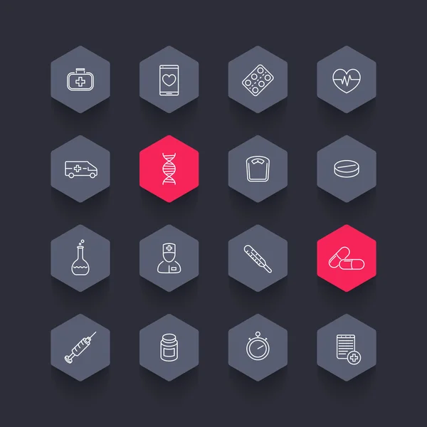 Medicine, health care, drugs line hexagon icons, vector illustration — Stock vektor