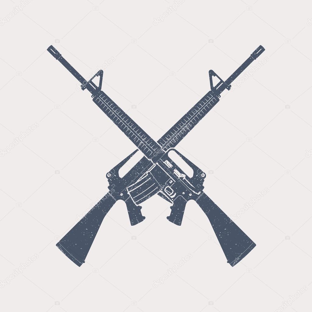 crossed 5.56 mm assault rifles, automatic firearm, guns, vector illustration