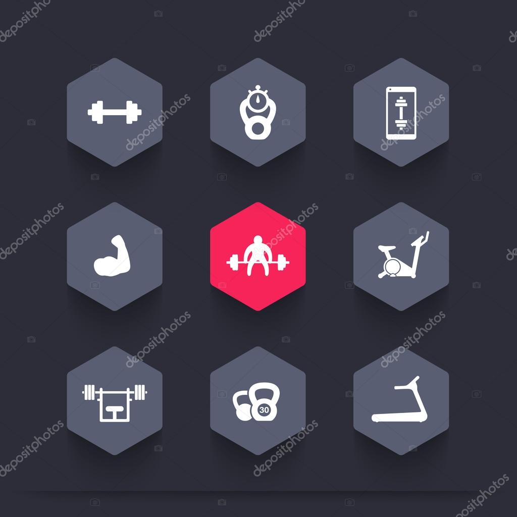 Gym, fitness, workout, training, biceps hexagon icons, vector illustration