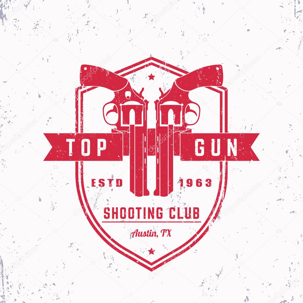 Gun club vintage grunge logo, emblem, badge with revolvers, guns on shield, vector illustration