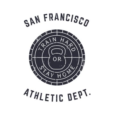 Round gym logo, t-shirt print, with grunge texture over white, vector illustration