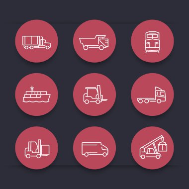 Ulaşım, çizgi yuvarlak kırmızı kutsal kişilerin resmi, Forklift, kargo gemisi, yük treni, kargo kamyon, illüstrasyon vektör