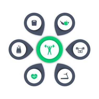 aspects of gym training, modern icons, infographics elements, vector illustration