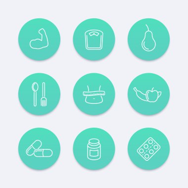 Diet, nutrition, fat loss round aquamarine icons, vector illustration