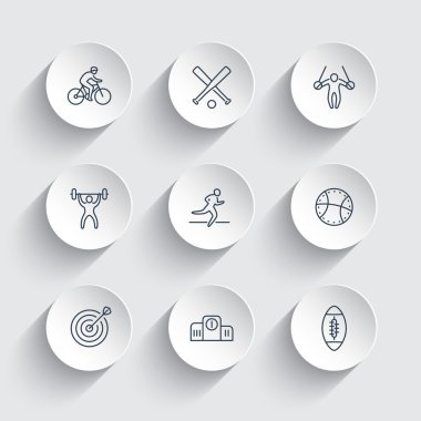 different kind of sports, line icons on round 3d shapes, vector illustration