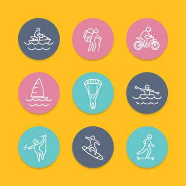 extreme outdoor activities line flat icons, vector illustration