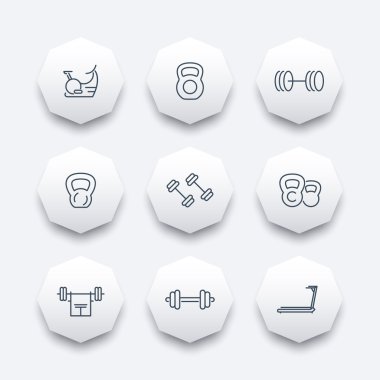 Gym equipment line octagon icons set, vector illustration