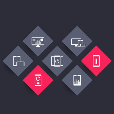 Mobil, masaüstü iş uygulaması, tablet, smartphone, simgeler, vektör çizim