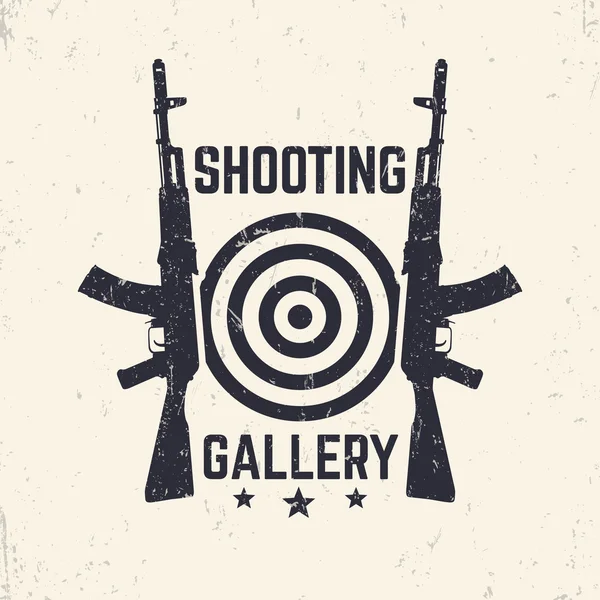 Shooting Gallery grunge logo, emblem with assault rifle, vector illustration — Stockvector