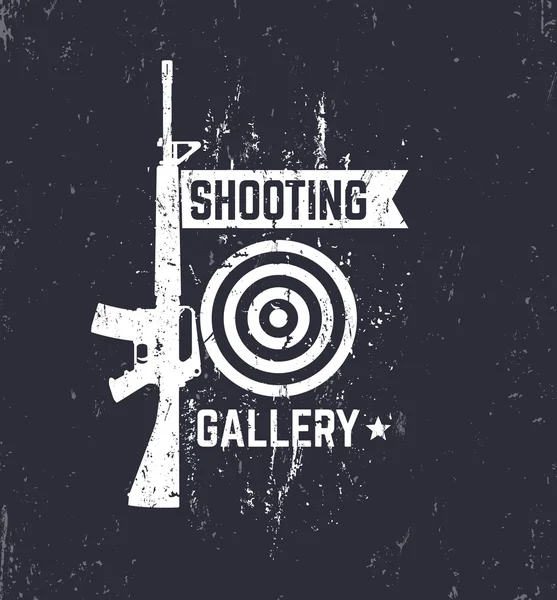 Shooting Gallery logo grunge, segno con fucile automatico, illustrazione vettoriale — Vettoriale Stock