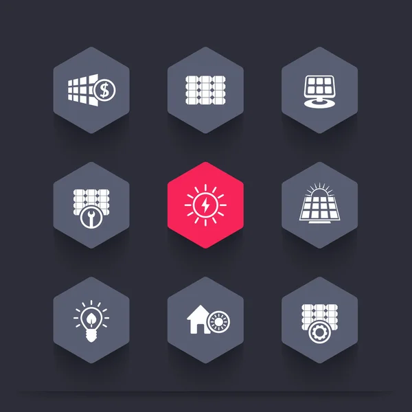 Solar energy, panels, alternative energetics, hexagon icons, vector illustration — Stok Vektör