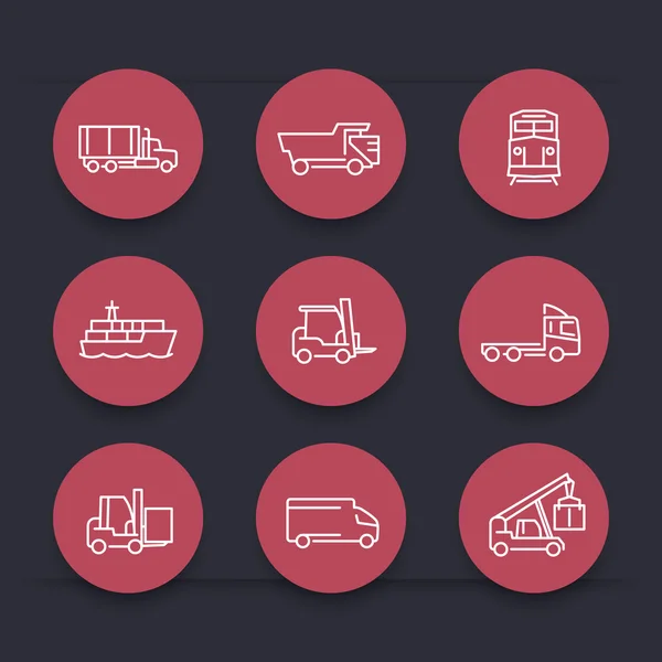 Doprava, linie kulaté červené ikony, vysokozdvižné vozíky, nákladní loď, nákladní vlak, nákladní vůz, vektorové ilustrace — Stockový vektor