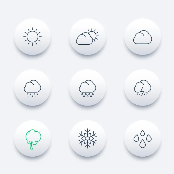 Wetter, sonnig, bewölkt, Regen, Hagel, Schnee, Wind, Linie rund um moderne Symbole gesetzt, Vektor-Illustration — Stockvektor