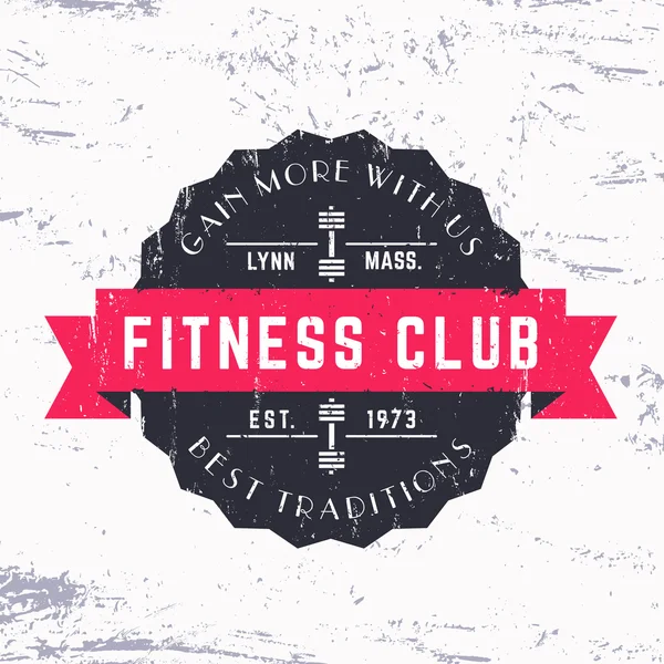 Vintage Fitness Club grunge logotipo, crachá, ilustração vetorial — Vetor de Stock