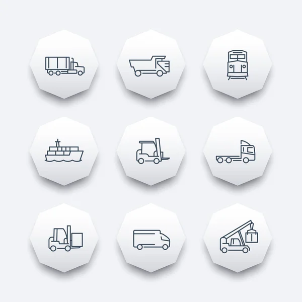 Transportation line octagon icons, Forklift, Cargo ship, Freight train, Cargo truck, vector illustration — ストックベクタ