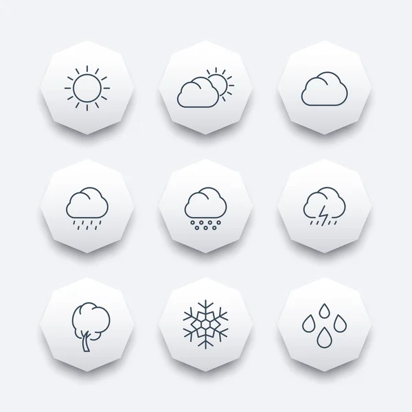 Weather, sunny, cloudy day, rain, hail, snow, line octagon icons, vector illustration — Stock Vector