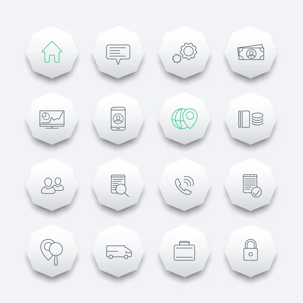 16 business, finance, enterprise line octagon icons set, vector illustration — Stok Vektör