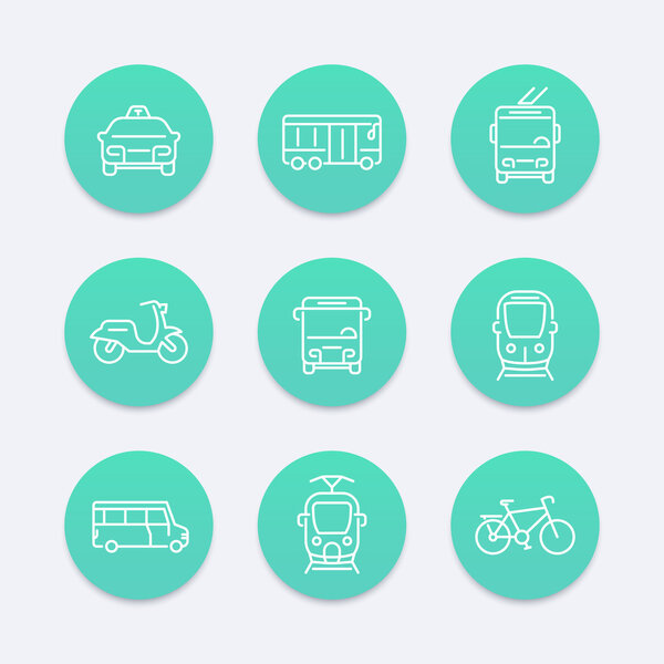 City transport, train, bus, bike, taxi, line round aquamarine icons, vector illustration