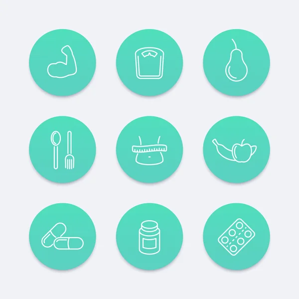 Ernährung, Ernährung, Fettabbau runde Aquamarin-Symbole, Vektorillustration — Stockvektor