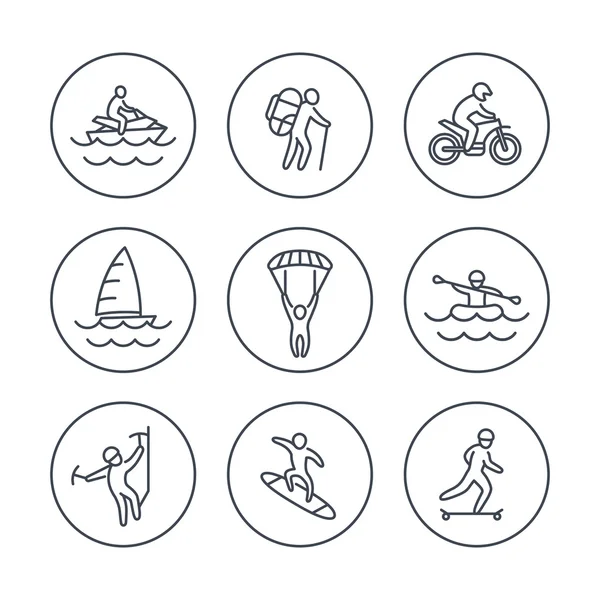 Extreme outdoor activities line icons in circles, vector illustration — Stock vektor