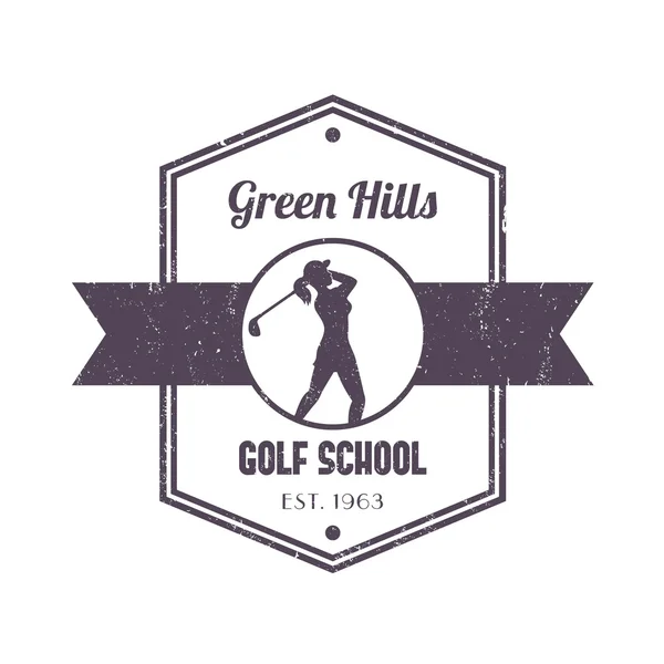 Golf School Vintage Logo, Abzeichen, mit Golfmädchen, Golfspielerin schwingt Golfschläger, Vektorillustration — Stockvektor