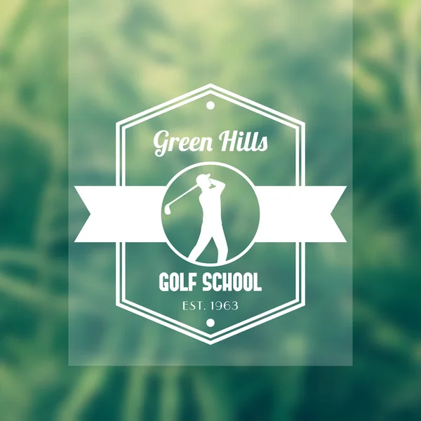 Golf school logo, badge, with golf player, golfer swinging golf club, vector illustration