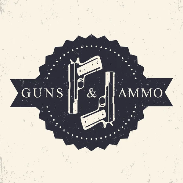 Оружие и боеприпасы винтажные гранж-круглый значок, с пистолетами, векторная иллюстрация — стоковый вектор