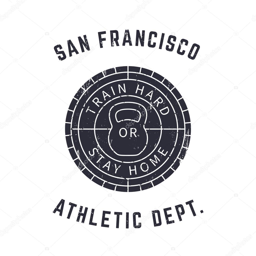 Round gym logo, t-shirt print, with grunge texture over white, vector illustration