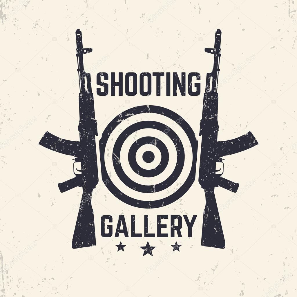 Shooting Gallery grunge logo, emblem with assault rifle, vector illustration